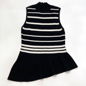 Cache Asymmetrical Peplum Top Black White Stripe Knit Sleeveless Womens S Mock